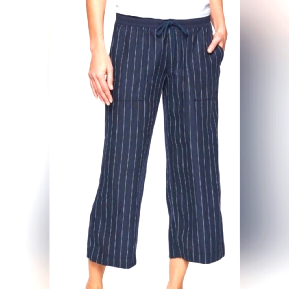 Athleta Linen Cropped Navy Striped Pants, 16 Tall
